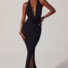 Robe longue à encolure plongeante et capuche Mariposa en noir