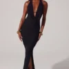 Robe longue à encolure plongeante et capuche Mariposa en noir