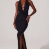 Robe longue à encolure plongeante et capuche Mariposa en noir