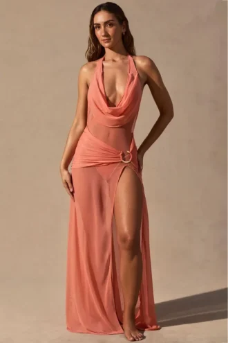 Robe longue à encolure plongeante et col bénitier Anaya, couleur corail