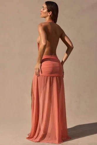 Robe longue à encolure plongeante et col bénitier Anaya, couleur corail