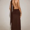 Robe longue à encolure plongeante et dos nu en jersey souple Navina, couleur chocolat Robe longue à encolure plongeante et dos nu en jersey souple Navina, couleur chocolat