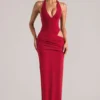 Robe longue à encolure plongeante et dos nu Oona, couleur rouge cerise Robe longue à encolure plongeante et dos nu Oona, couleur rouge cerise