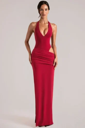 Robe longue à encolure plongeante et dos nu Oona, couleur rouge cerise
