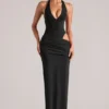 Robe longue à encolure plongeante et dos nu Oona en noir Robe longue à encolure plongeante et dos nu Oona en noir