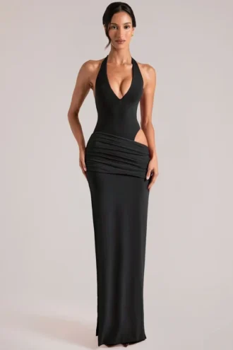Robe longue à encolure plongeante et dos nu Oona en noir