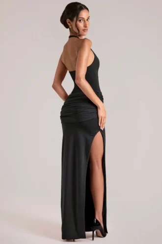 Robe longue à encolure plongeante et dos nu Oona en noir