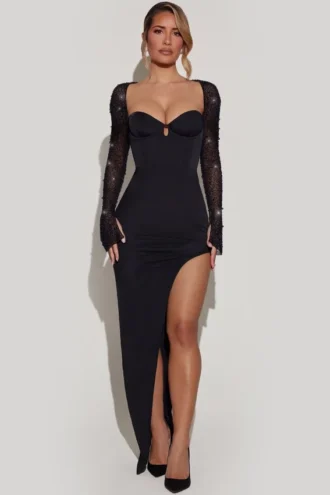 Robe longue à fente latérale et ornements San Marino en noir