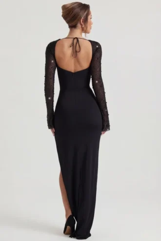 Robe longue à fente latérale et ornements San Marino en noir