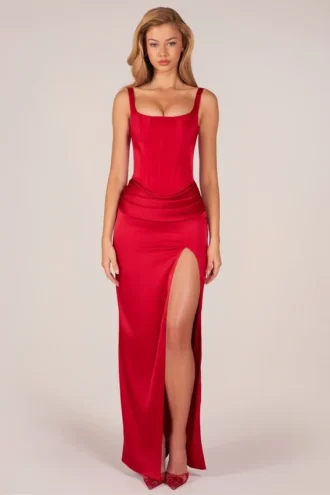 Robe longue à fente sur la cuisse et corset Marleigh, couleur rose rouge