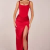 Robe longue à fente sur la cuisse et corset Marleigh, couleur rose rouge Robe longue à fente sur la cuisse et corset Marleigh, couleur rose rouge