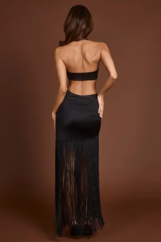 Robe longue à franges et décolleté plongeant Solferina, couleur noire