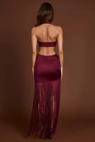 Robe longue à franges et décolleté plongeant Solferina, couleur rouge vin