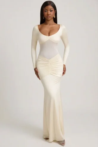 Robe longue froncée à nœud Alila, couleur ivoire