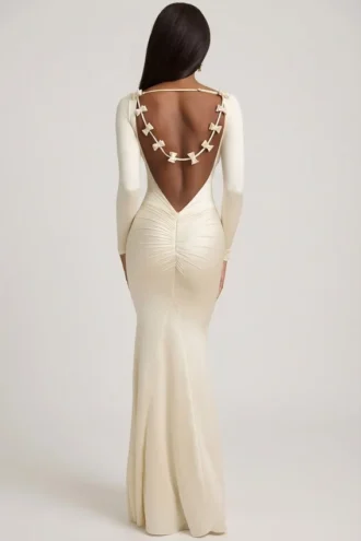 Robe longue froncée à nœud Alila, couleur ivoire