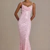Robe longue haut de gamme Ariette à dos nu et ornements, rose pâle Robe longue haut de gamme Ariette à dos nu et ornements, rose pâle