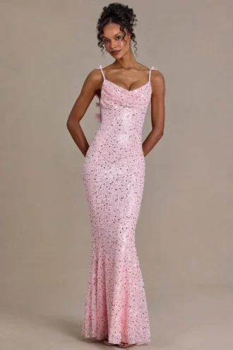 Robe longue haut de gamme Ariette à dos nu et ornements, rose pâle