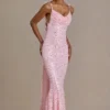 Robe longue haut de gamme Ariette à dos nu et ornements, rose pâle Robe longue haut de gamme Ariette à dos nu et ornements, rose pâle