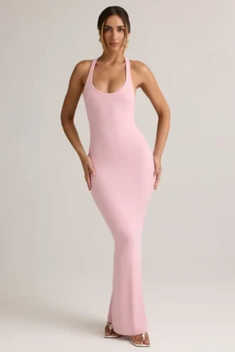 Robe longue Imelda en modal à dos nageur, couleur rose pâle