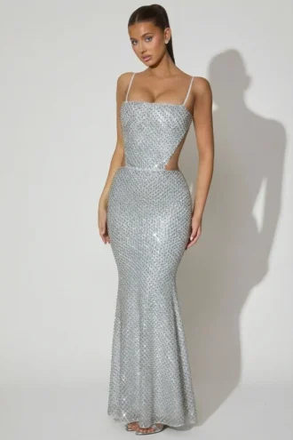 Robe longue Katalia à découpes et ornements, couleur argent