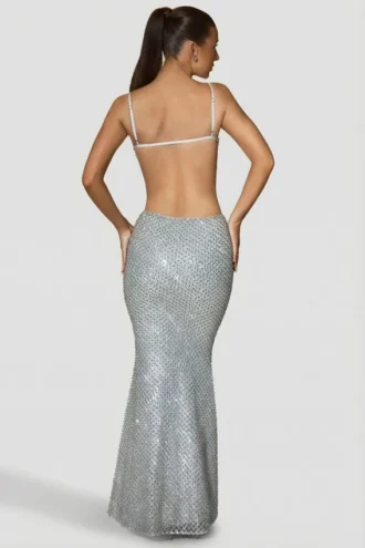 Robe longue Katalia à découpes et ornements, couleur argent