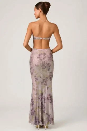 Robe longue Lucienne à découpes et ornements, coupe en queue de poisson, couleur lilas