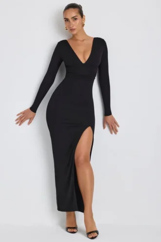 Robe longue à manches longues et décolleté plongeant Marcela en modal noir