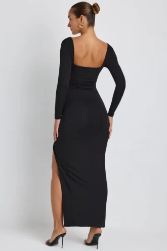 Robe longue à manches longues et décolleté plongeant Marcela en modal noir
