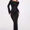 Robe longue à manches longues et dos nu en jersey transparent Frances, couleur noir Robe longue à manches longues et dos nu en jersey transparent Frances, couleur noir