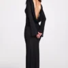 Robe longue à manches longues et dos nu en jersey transparent Frances, couleur noir Robe longue à manches longues et dos nu en jersey transparent Frances, couleur noir