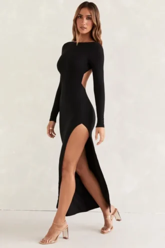 Robe longue à manches longues et dos nu Kiah, couleur noire
