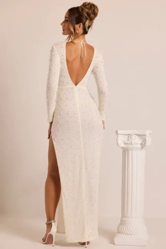 Robe longue à manches longues et dos nu Vienna, ornée de paillettes, en blanc