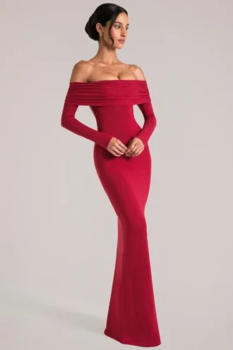 Robe longue à manches longues et épaules dénudées Depny, couleur rouge cerise