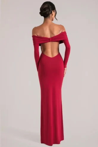 Robe longue à manches longues et épaules dénudées Depny, couleur rouge cerise