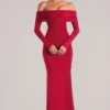 Robe longue à manches longues et épaules dénudées Depny, couleur rouge cerise Robe longue à manches longues et épaules dénudées Depny, couleur rouge cerise