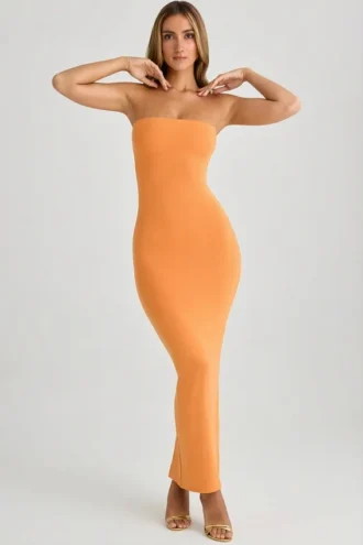 Robe longue moulante à bandeau en modal Kali, couleur orange coucher de soleil