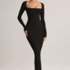 Robe longue moulante à col carré Lux en modal, couleur noir Robe longue moulante à col carré Lux en modal, couleur noir