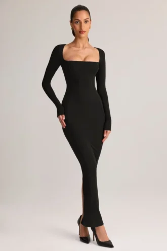 Robe longue moulante à col carré Lux en modal, couleur noir