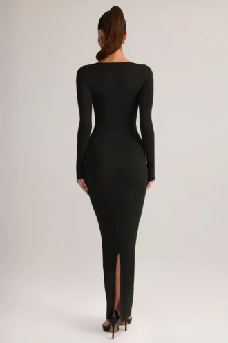 Robe longue moulante à col carré Lux en modal, couleur noir