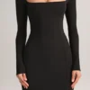 Robe longue moulante à col carré Lux en modal, couleur noir Robe longue moulante à col carré Lux en modal, couleur noir