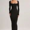 Robe longue moulante à col carré Lux en modal, couleur noir Robe longue moulante à col carré Lux en modal, couleur noir