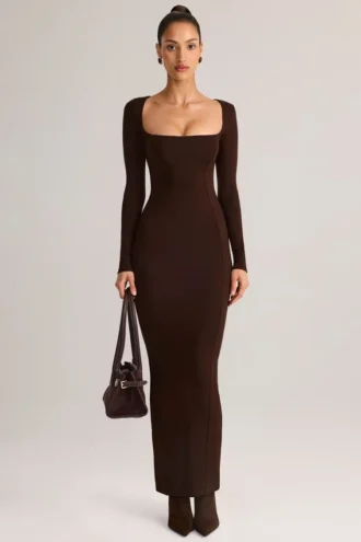 Robe longue moulante à encolure carrée en modal Lux, couleur chocolat