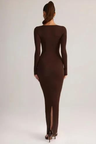 Robe longue moulante à encolure carrée en modal Lux, couleur chocolat