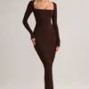 Robe longue moulante à encolure carrée en modal Lux, couleur chocolat Robe longue moulante à encolure carrée en modal Lux, couleur chocolat