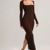Robe longue moulante à encolure carrée en modal Lux, couleur chocolat Robe longue moulante à encolure carrée en modal Lux, couleur chocolat