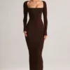 Robe longue moulante à encolure carrée en modal Lux, couleur chocolat Robe longue moulante à encolure carrée en modal Lux, couleur chocolat