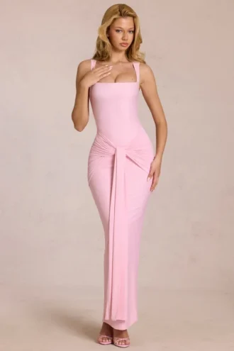 Robe longue Nayeli à encolure carrée et fronces, rose pâle
