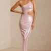 Robe longue à paillettes transparentes Isabel, une épaule dénudée et découpes, couleur lilas Robe longue à paillettes transparentes Isabel, une épaule dénudée et découpes, couleur lilas