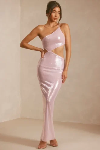 Robe longue à paillettes transparentes Isabel, une épaule dénudée et découpes, couleur lilas