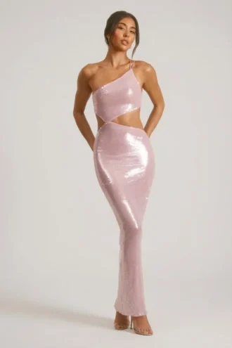 Robe longue à paillettes transparentes Isabel, une épaule dénudée et découpes, couleur lilas